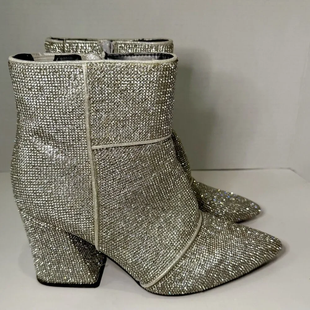 Sparkle Rhinestone Disco Ankle Boots Point Toe Block Heel Silver Women’s Size 8